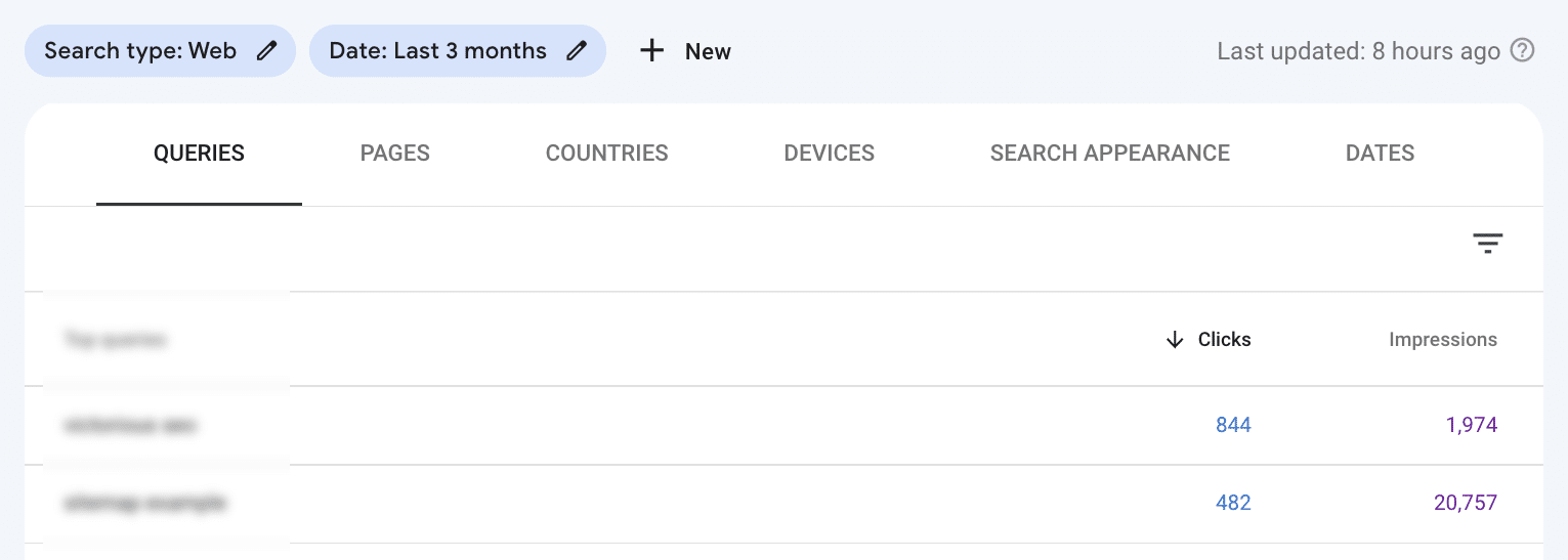 screenshot of top queries for local keyword research in GSC