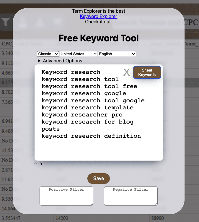 keyword sheeter research tool