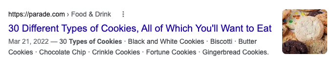 meta description rewritten by google with list of cookies from content