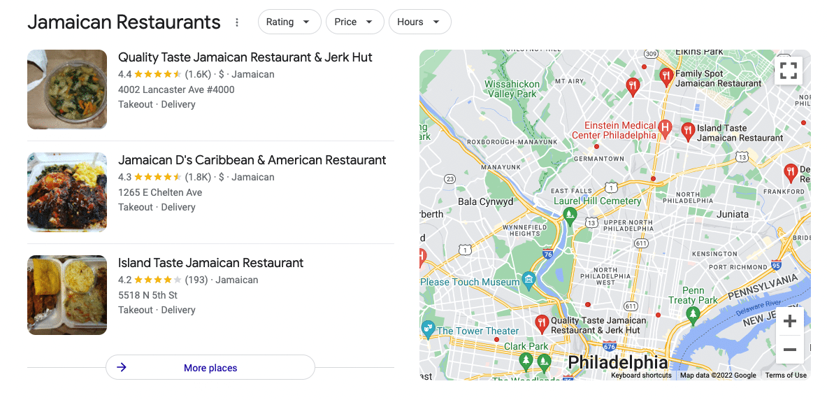 Google local pack for Jamaican restaurants in Philadelphia