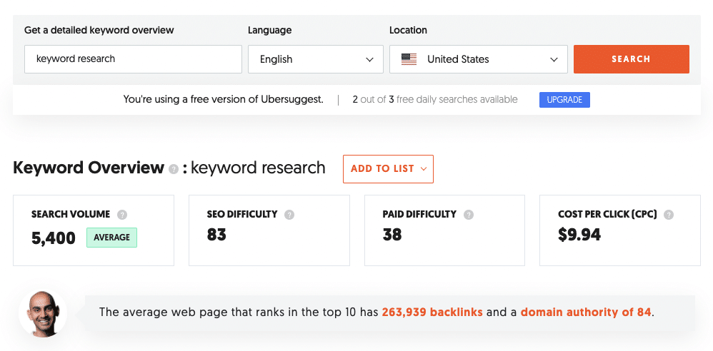 ubersuggest keyword research tool
