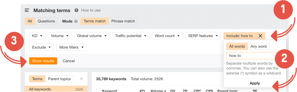 filtering matching terms to find tofu mofu bofu keywords