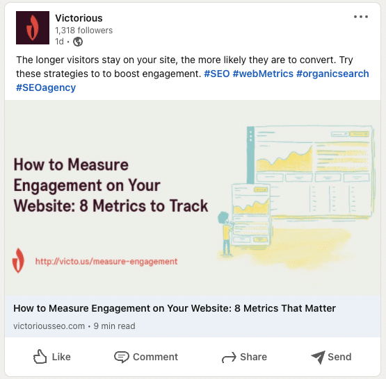 Victorious shares an SEO blog post on LinkedIn