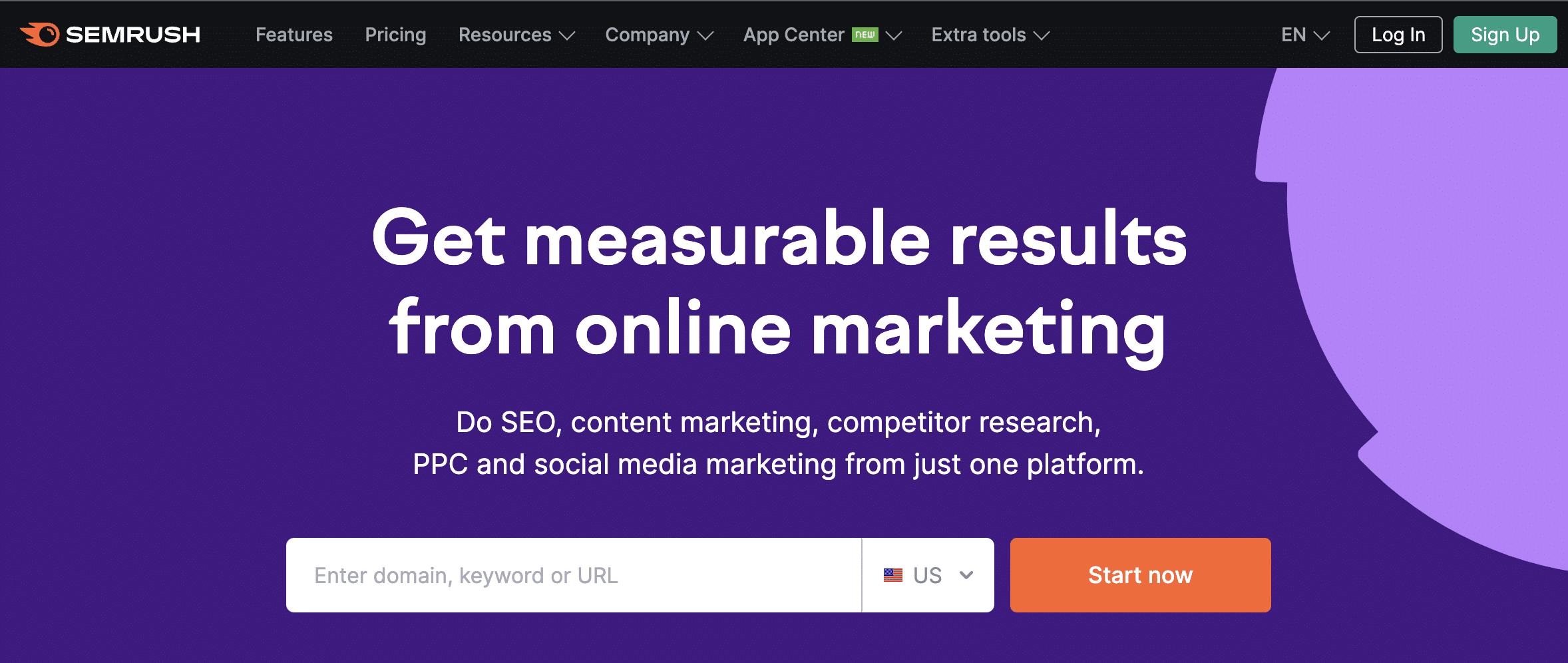 screenshot of Semrush website for use as an seo content tool