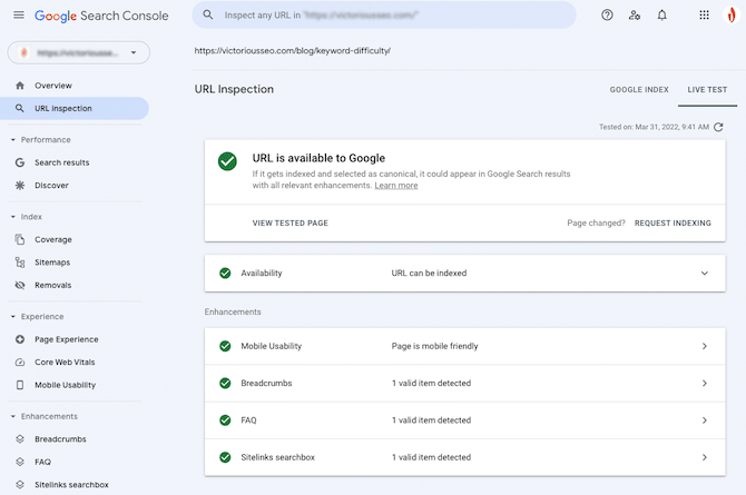 URL inspection tool in Google Search Console