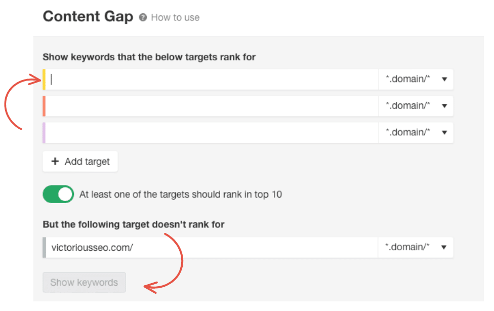 In image displaying the Content Gap page for victoriousseo.com