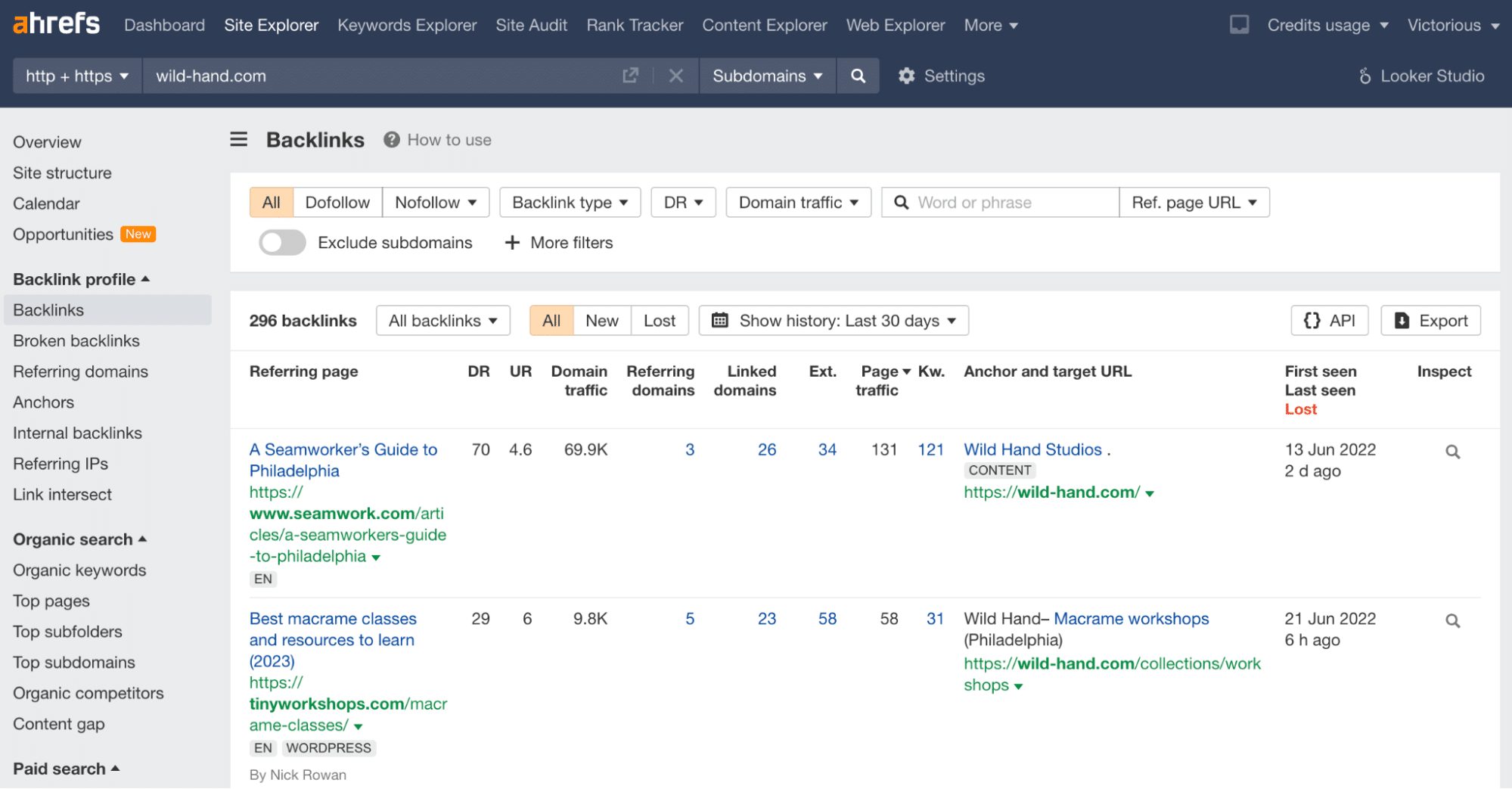 A screenshot of the ahrefs backlinks dashboard