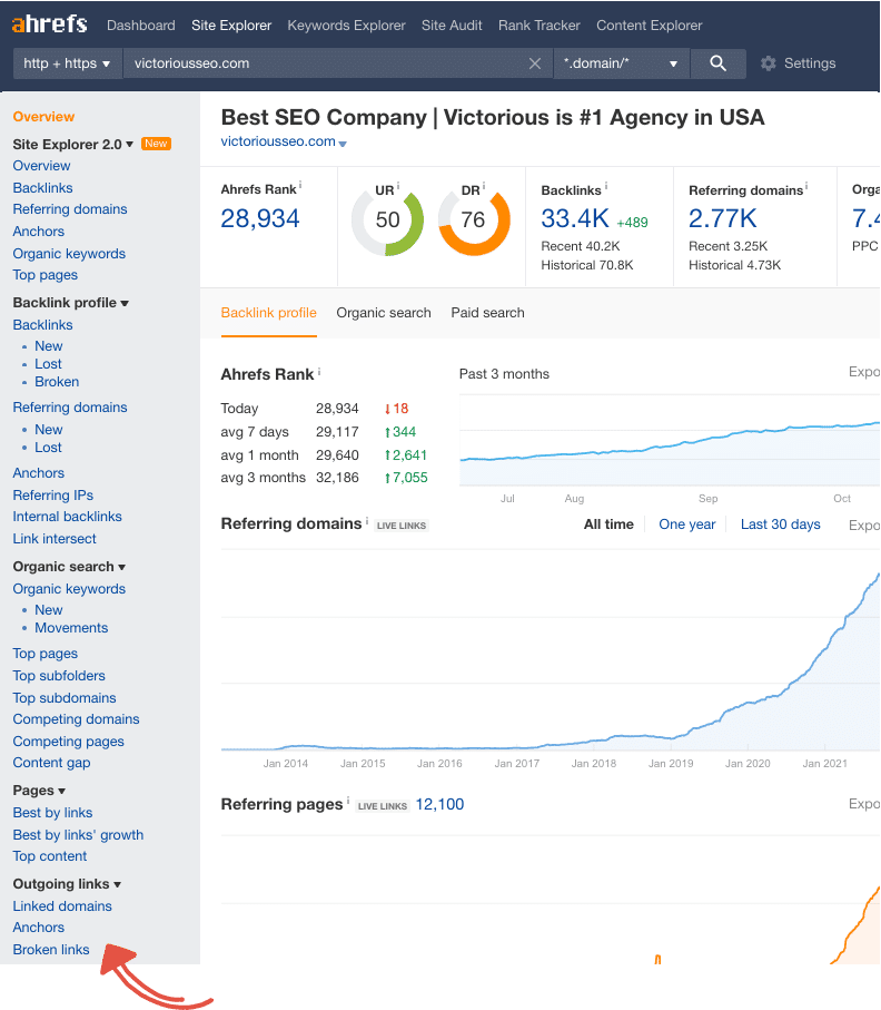 Creating a broken link report in Ahrefs