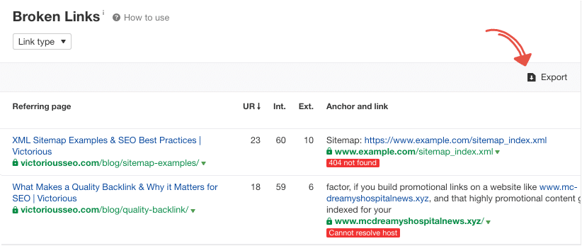 Download broken link report in Ahrefs