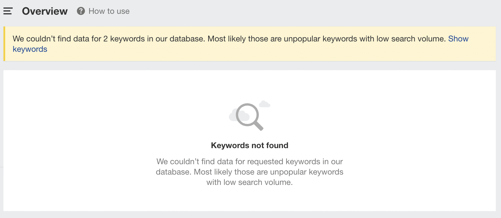 screenshot of ahrefs zero volume keyword research returns no data
