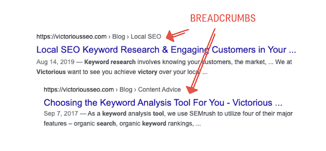 breadcrumbs in SERPs example