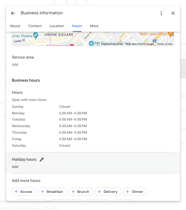 hours tab showing holiday hours editing feature