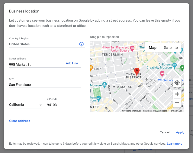 editing business address in google business profile