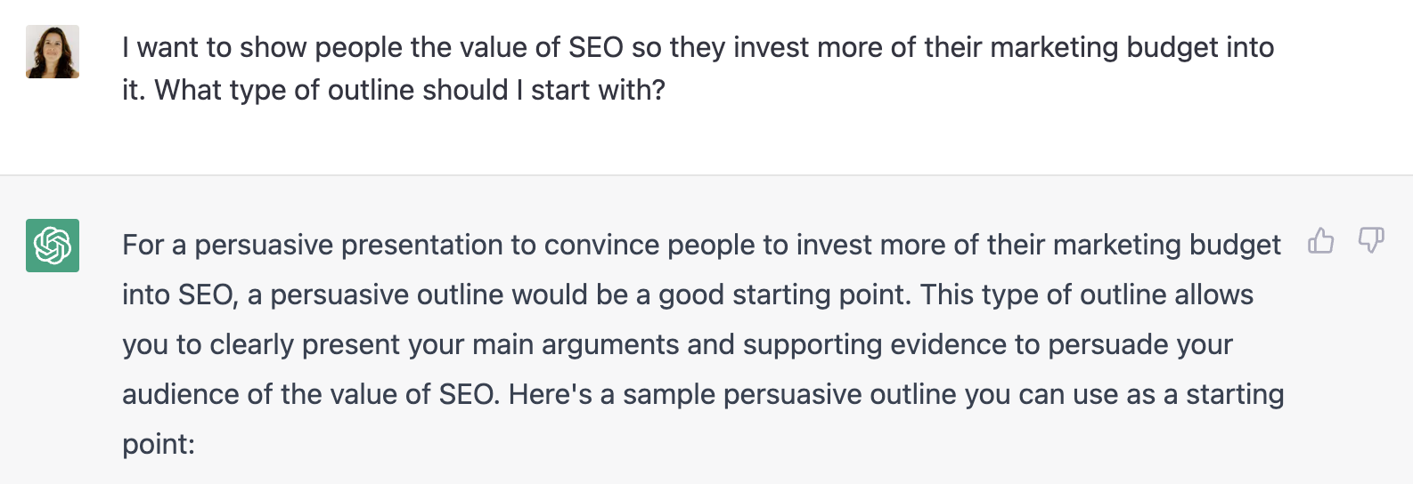 Screenshot of asking ChatGPT what type of outline to create