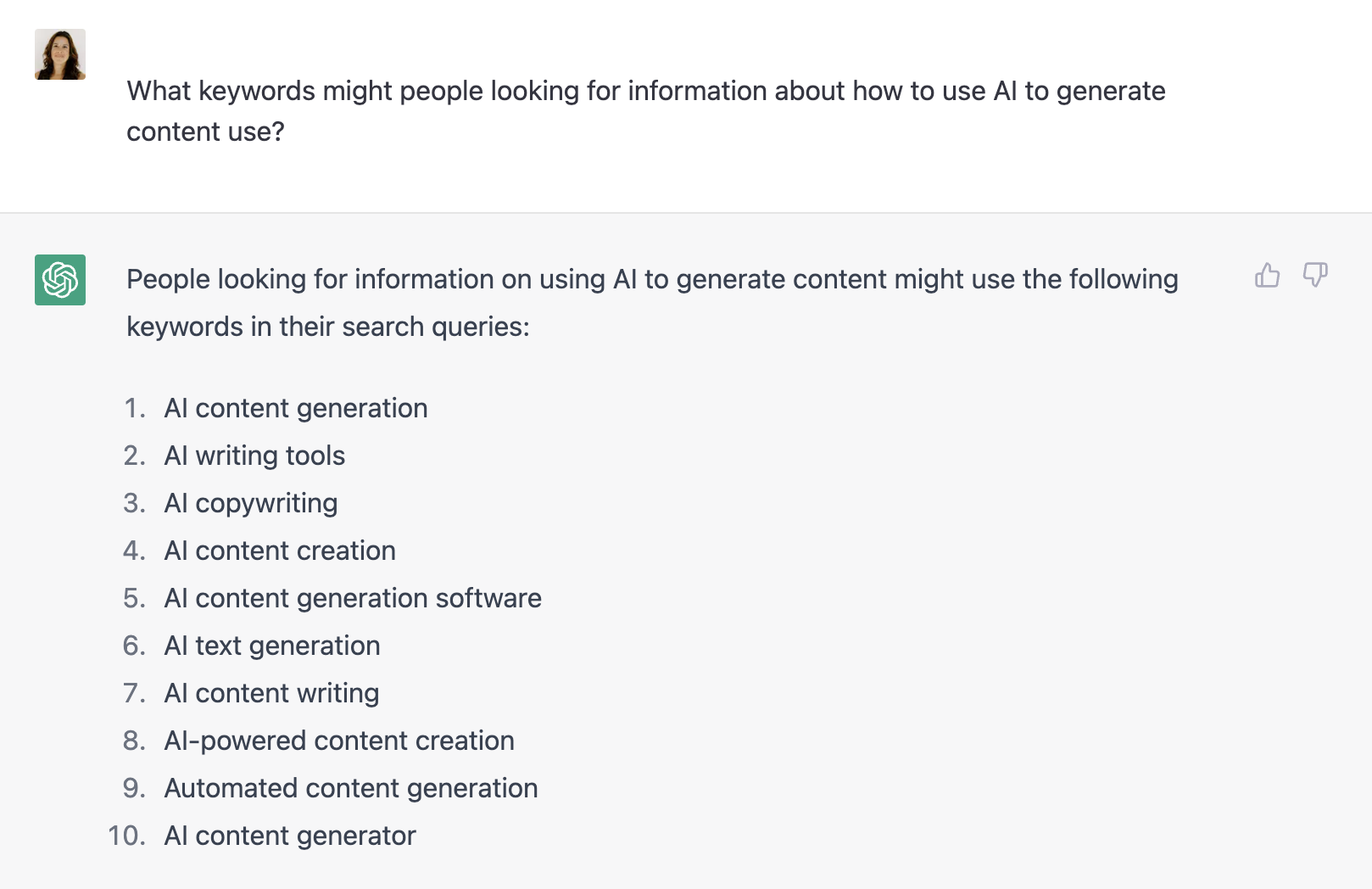 Screenshot of using chatgpt for SEO keyword research