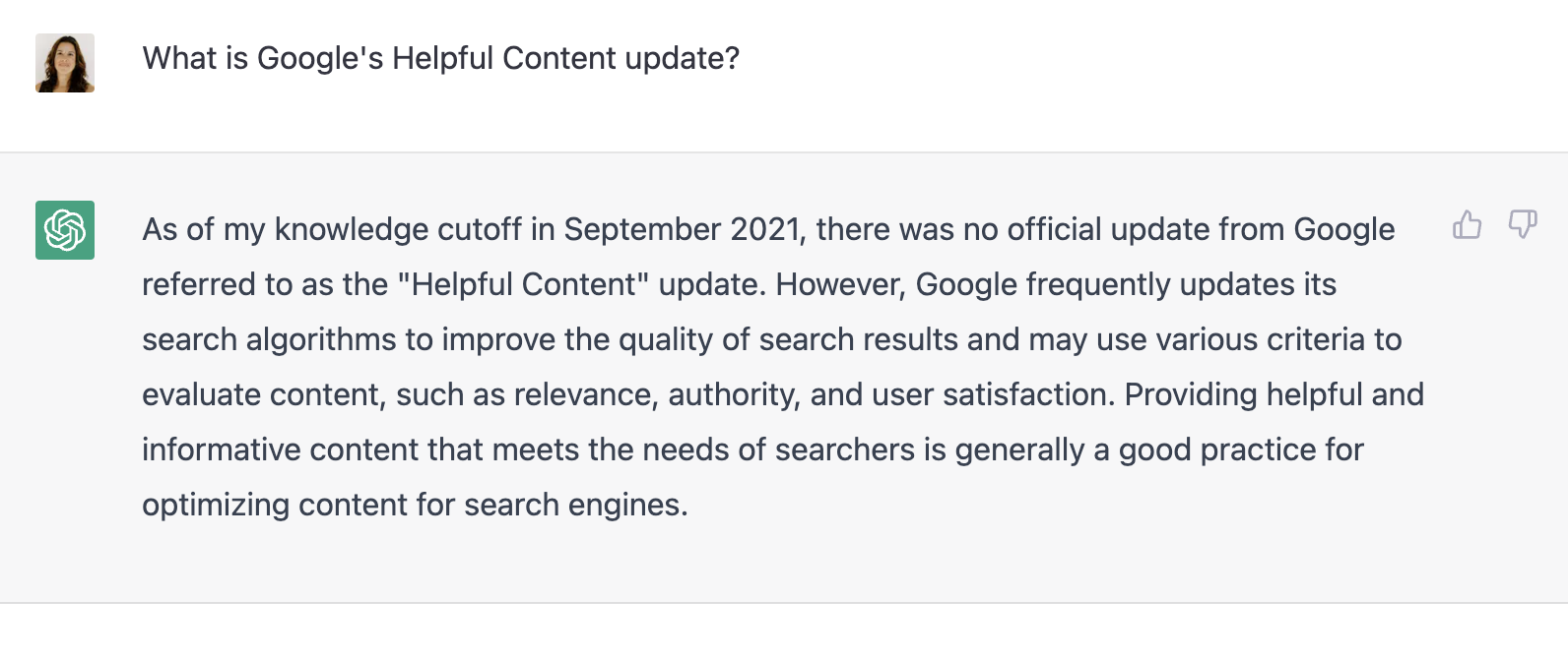 Screenshot showing ChatGPT saying its knowledge cutoff is Sept 2021