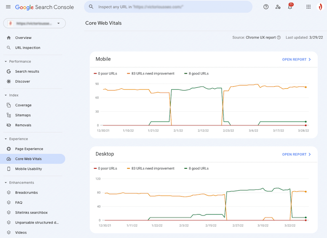 Core Web Vitals report in Google Search Console