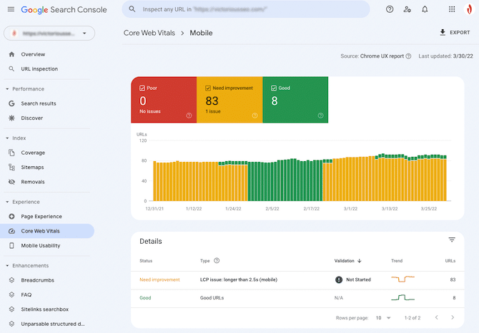 core web vitals report for mobile in Google Search Console