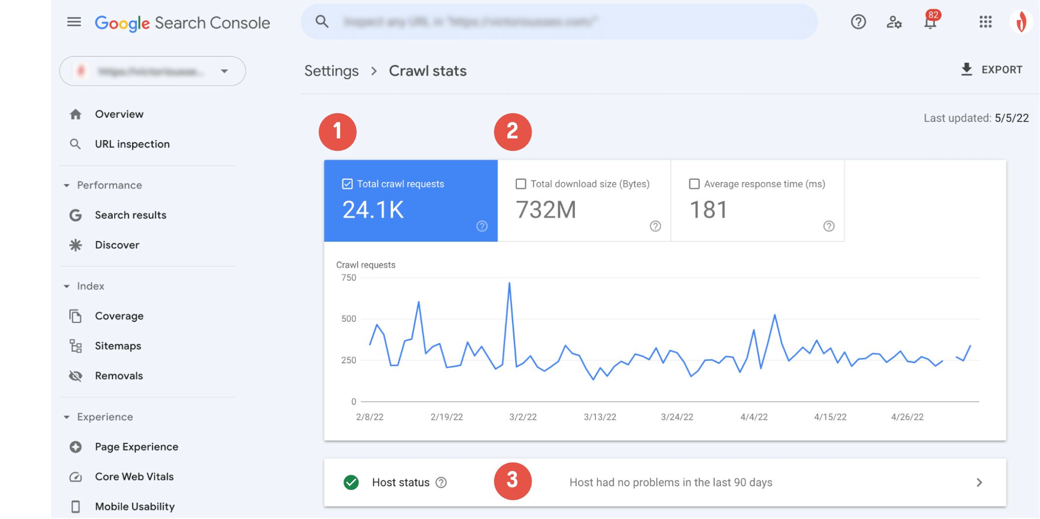 Google search console settings menu to find crawl stats