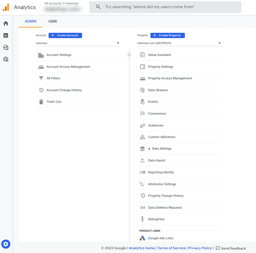 create a property menu under admin in ga4