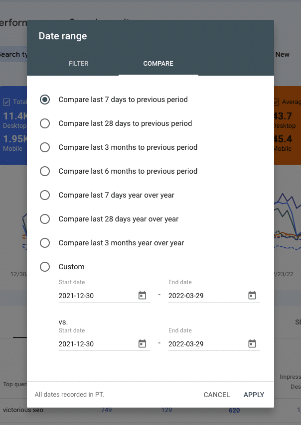 date range comparison in GSC performance reports