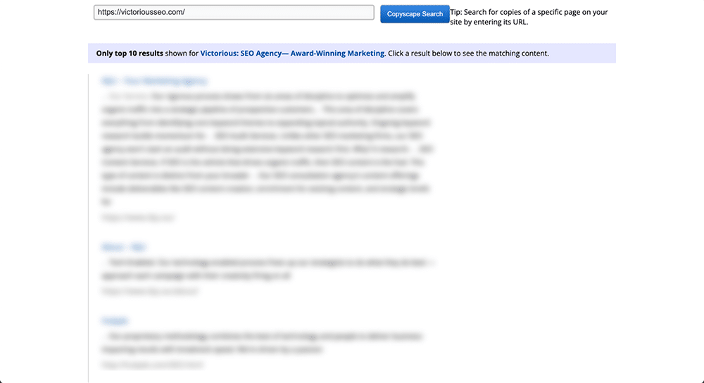 copyscape results for external duplicate content