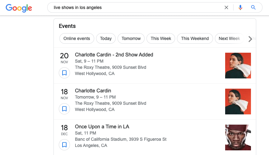 screenshot of a google rich snippet event example