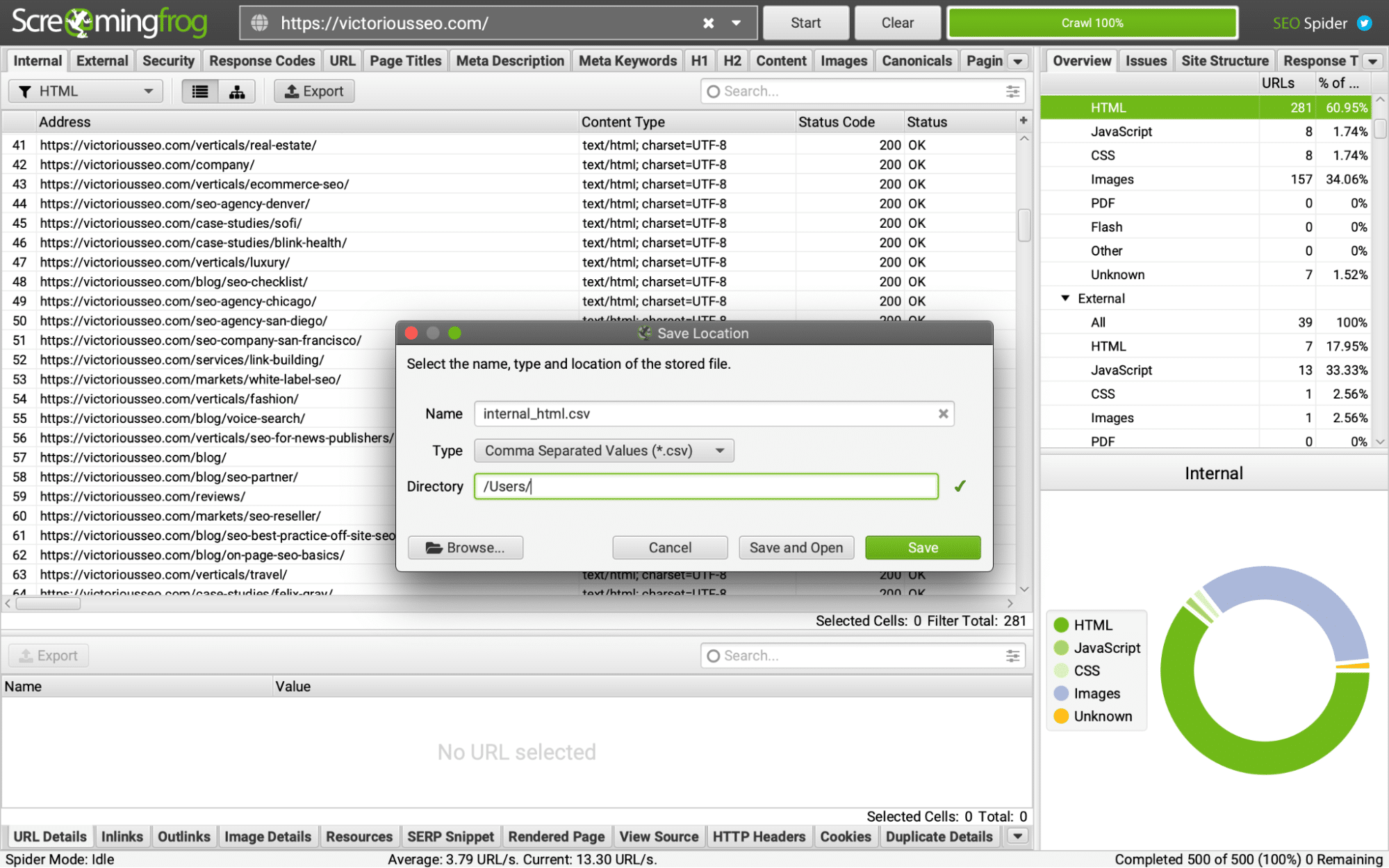 screenshot of how to use screamingfrog to help with keyword map by exporting URLs