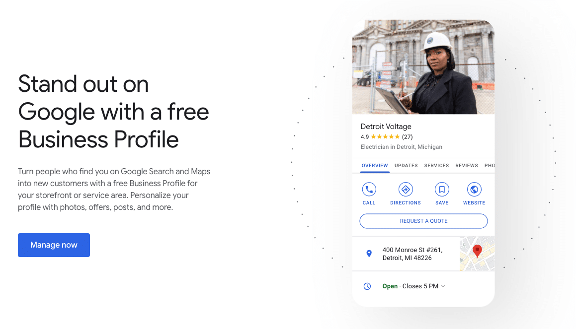 Image featuring an example Google Business Profile, a free local SEO tool