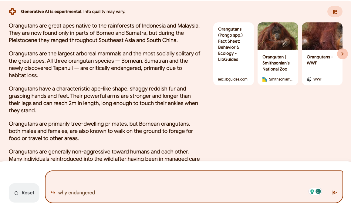 screenshot using the "follow up" feature; asking "why endangerd" in google AI