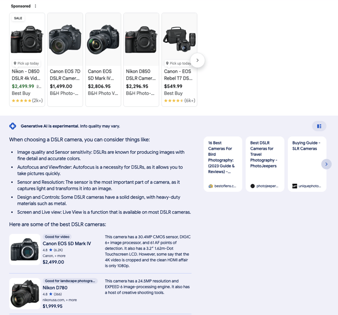 Screenshot of how google search results show ads and products in Google AI results