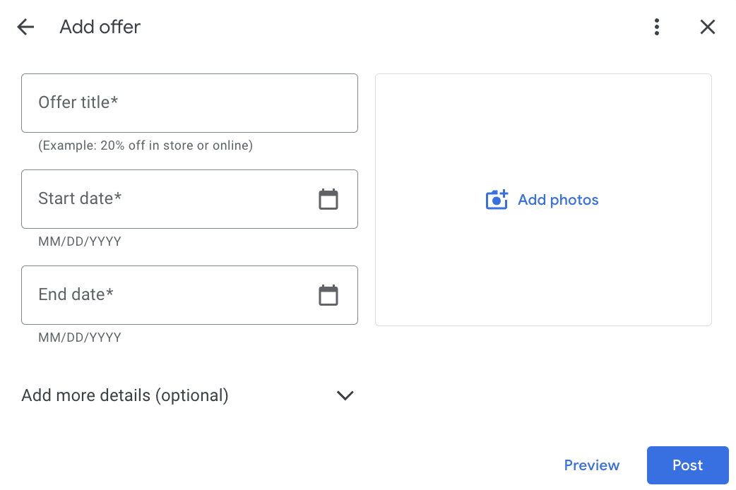 screenshot of fields to create a google post