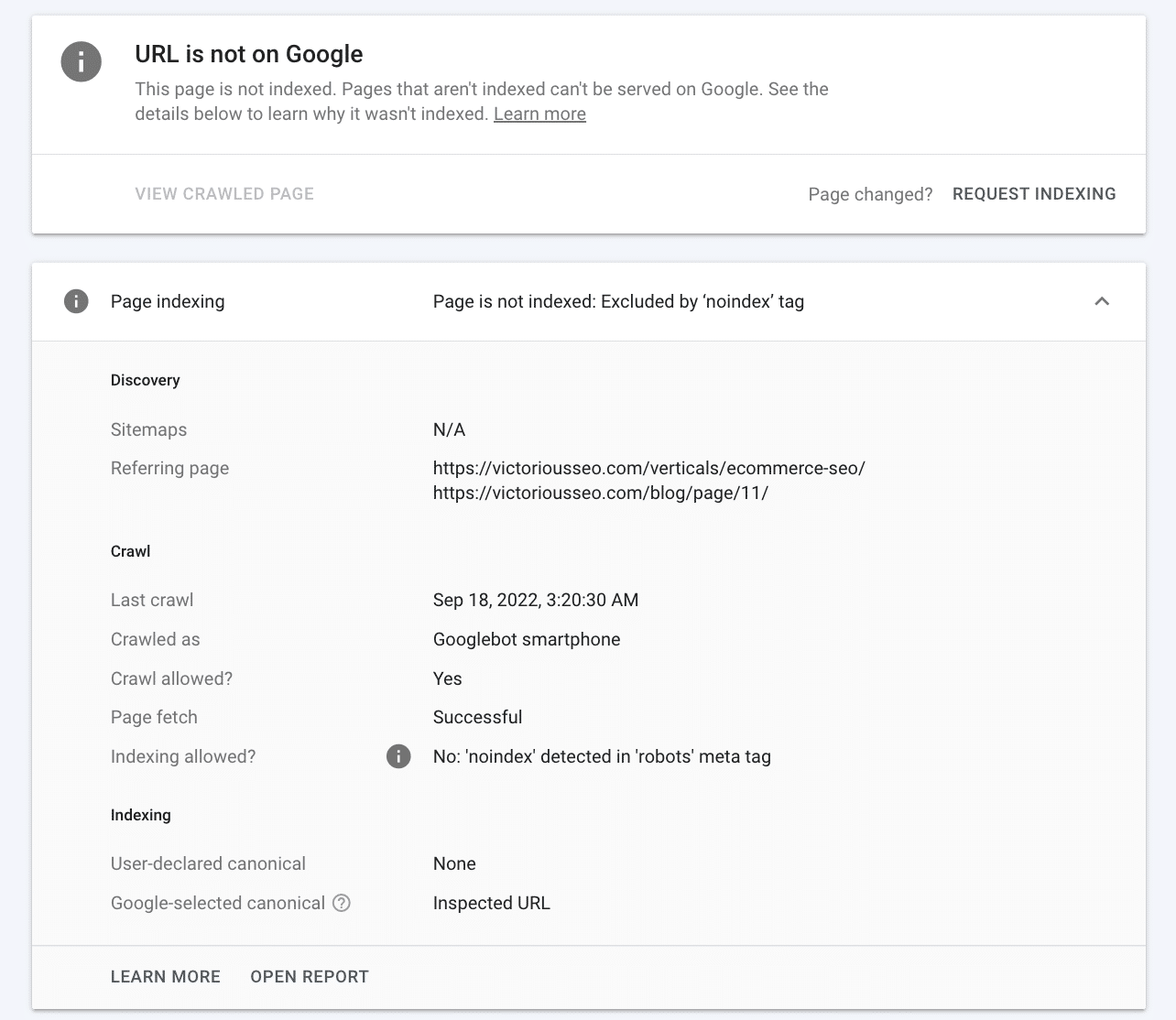 URL inspection tool shows url not on Google during SEO audit