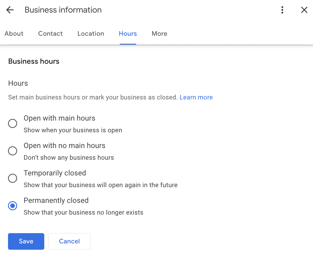 select permanently closed to delete a google profile