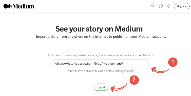 screenshot shows adding a link for a blog post to import into medium and clicking on a button that says import.