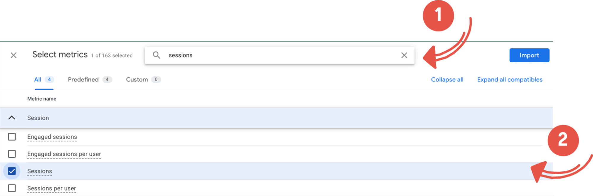 Finding broken links with ga4 - screenshot of steps selecting metrics