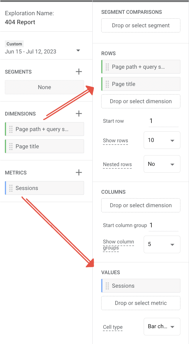 Finding broken links with ga4 - screenshot of steps for populating report