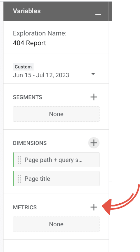 Finding broken links with ga4 - screenshot of adding metrics