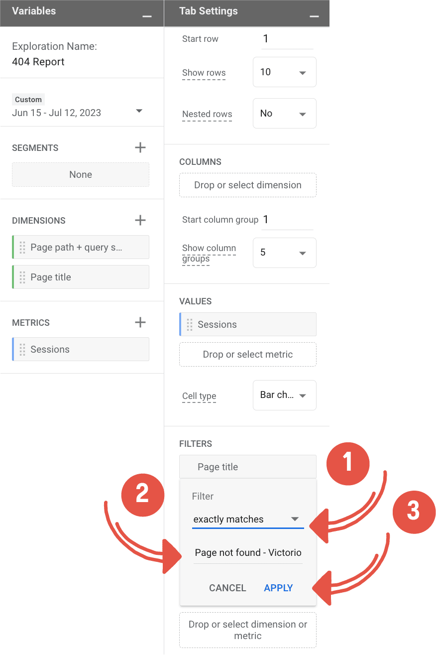 Finding broken links with ga4 - screenshot of steps for creating filter