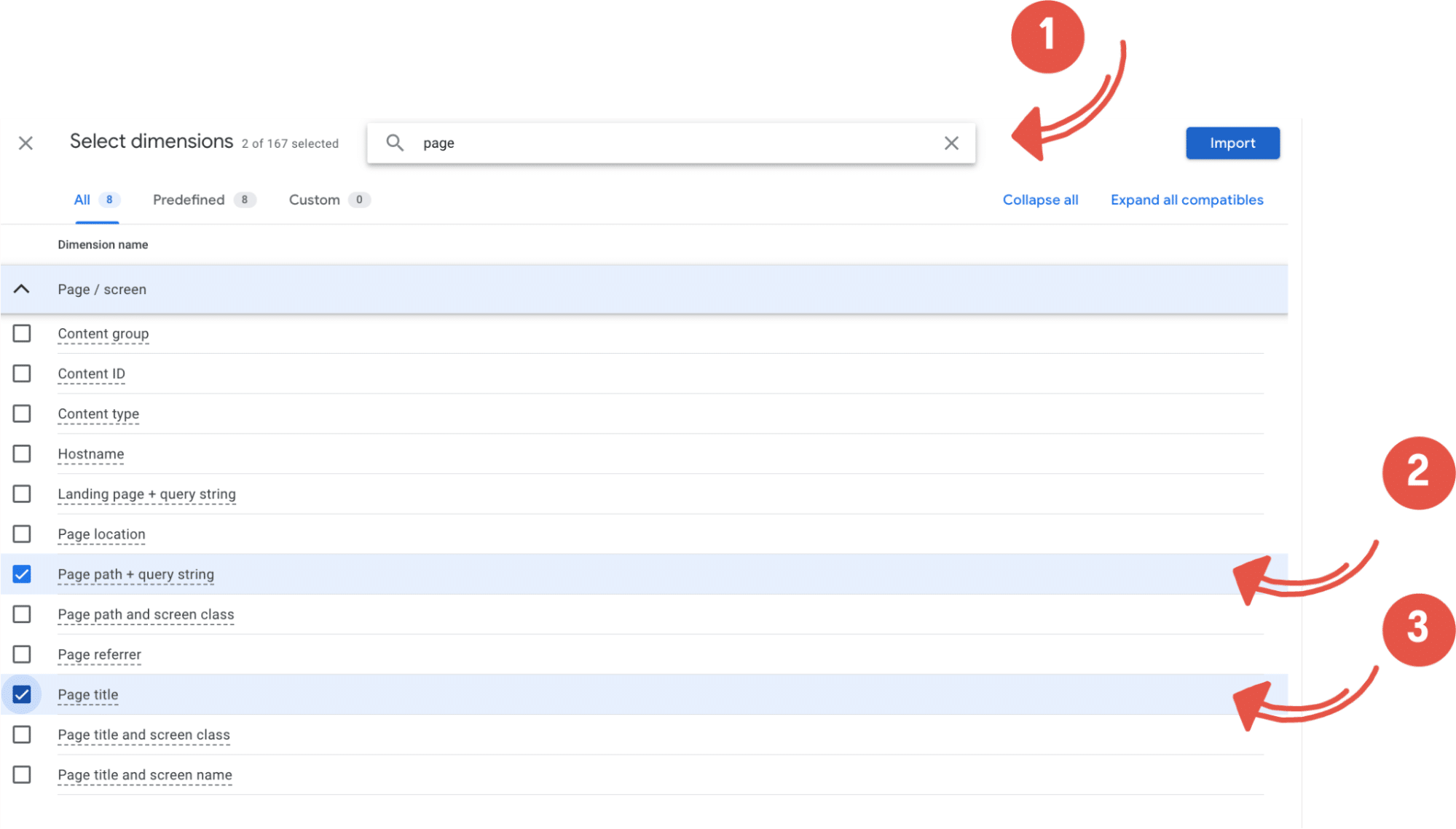 Finding broken links with ga4 - screenshot of steps selecting dimensions