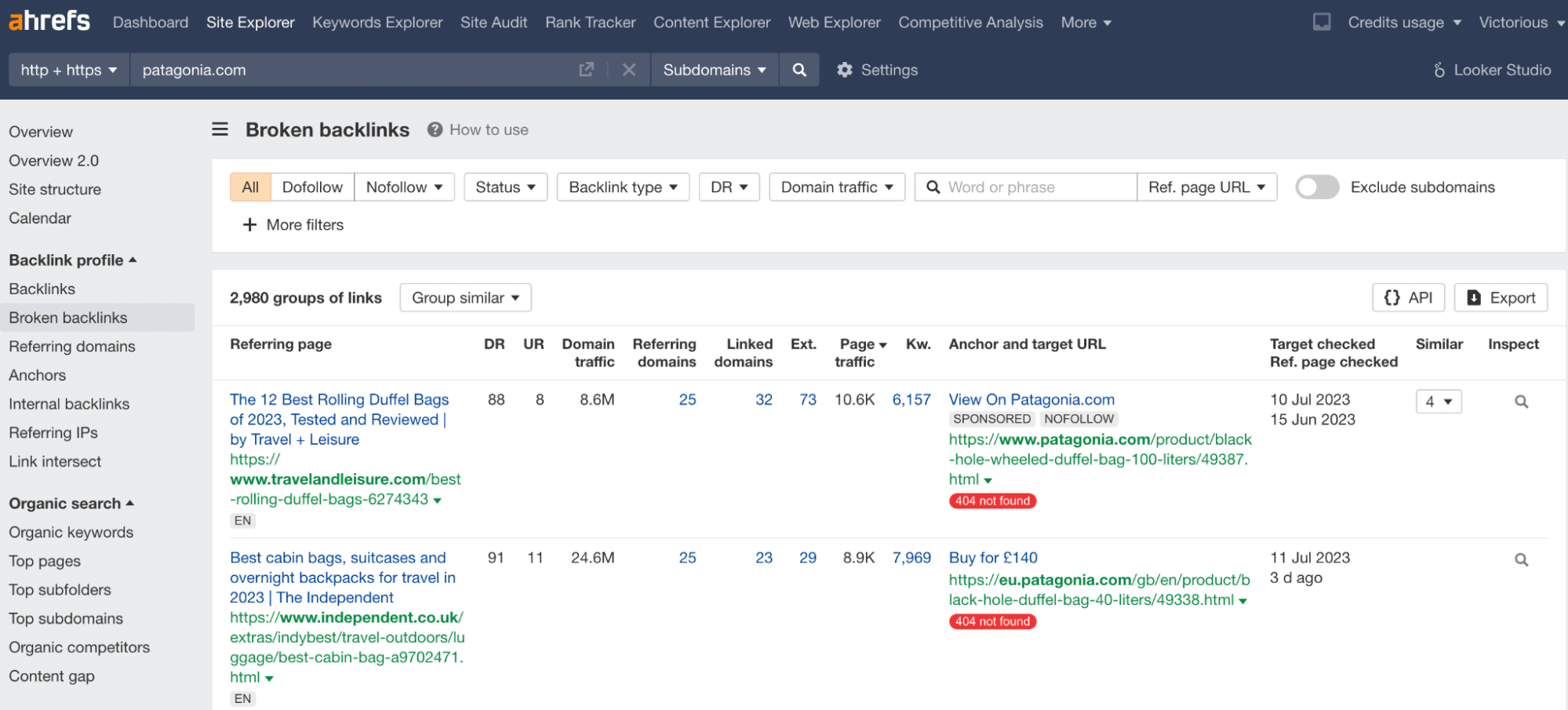 Screenshot of broken backlinks in ahrefs for example site