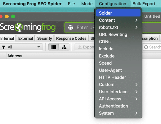 spider menu under configuration in screaming frog