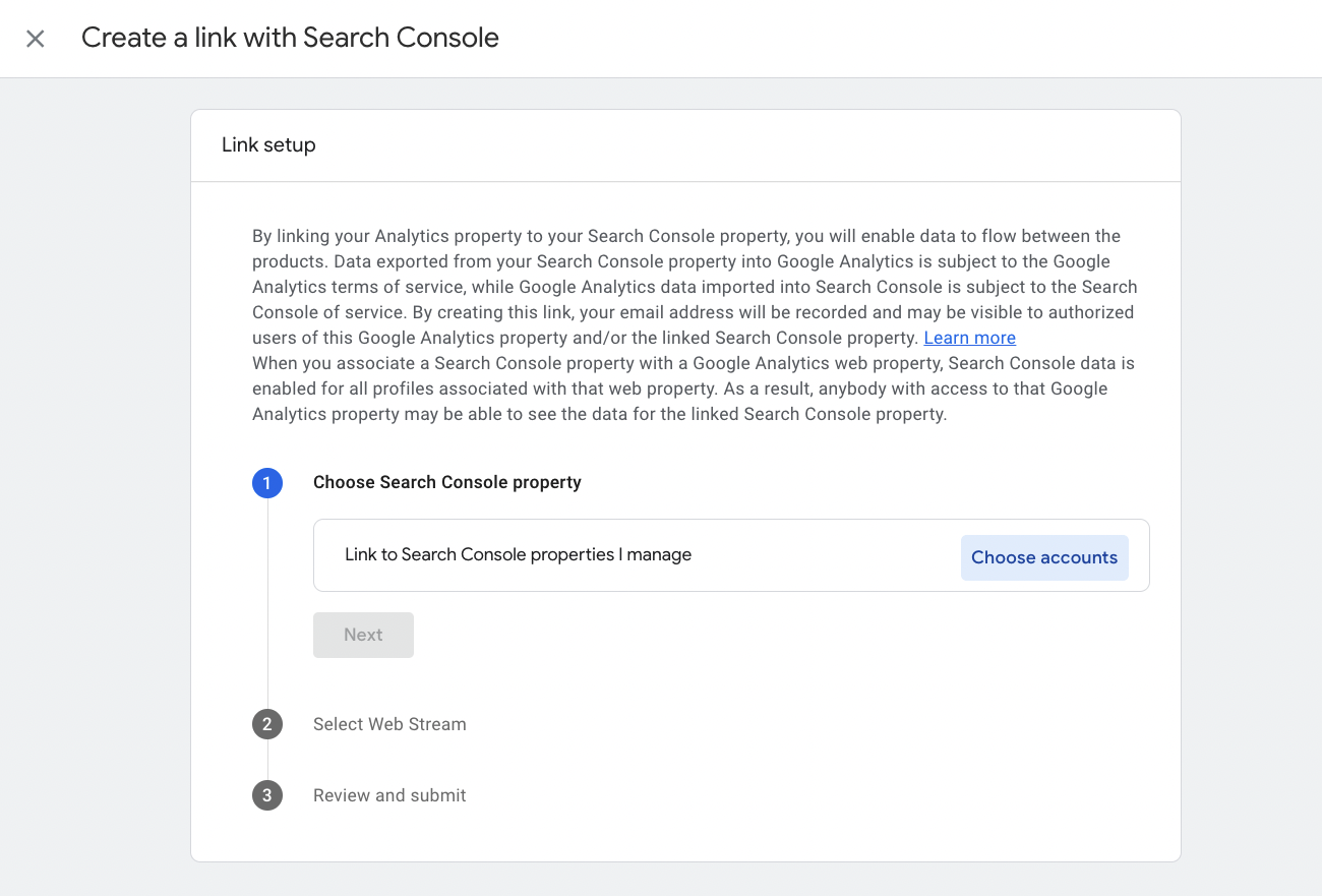 link setup screenshot connecting search console to analytics