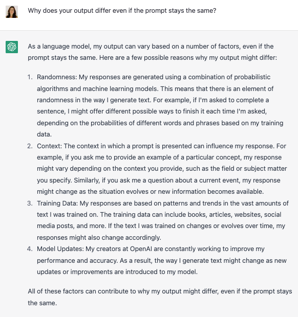 ChatGPT expains why its output differs