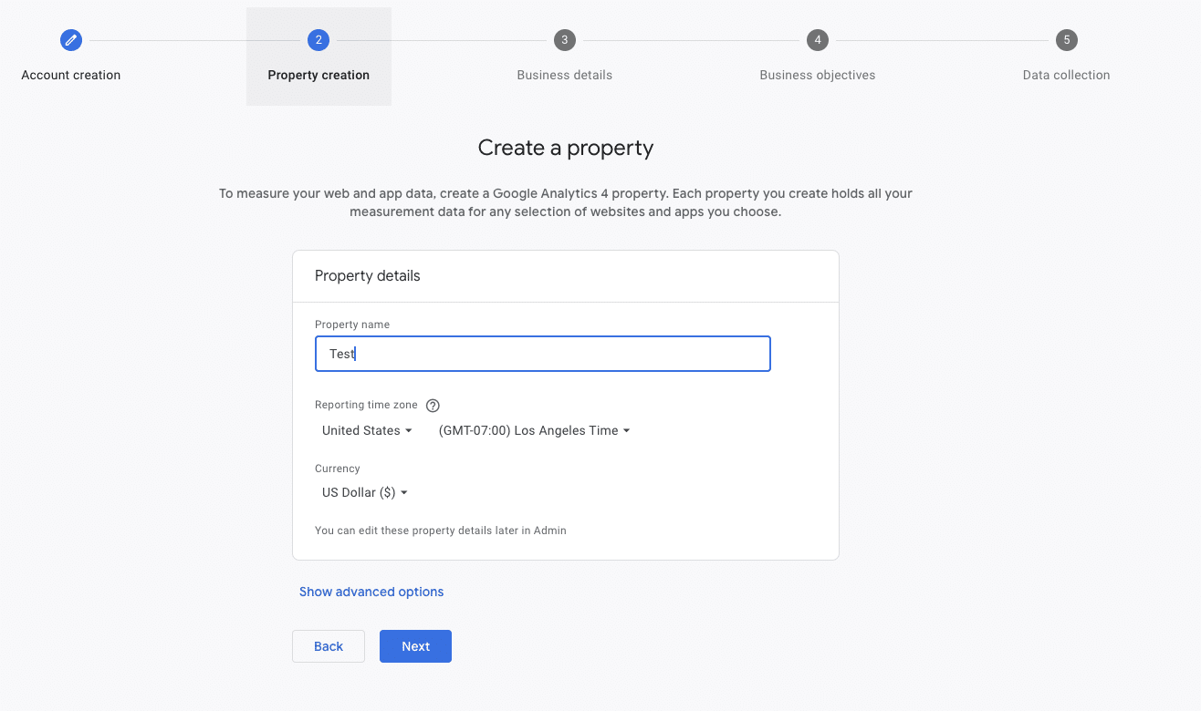 create a property- name property in ga4