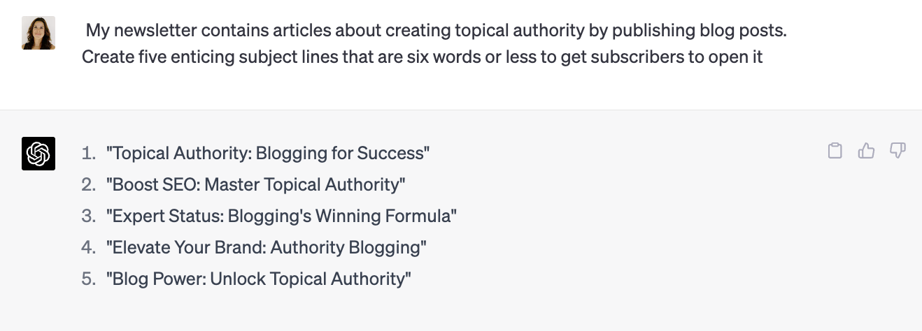 chatgpt writing prompts for newsletter subject lines