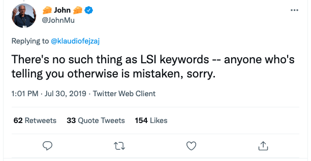 twitter post from John Mueller saying there's no such thing as LSI keywords.