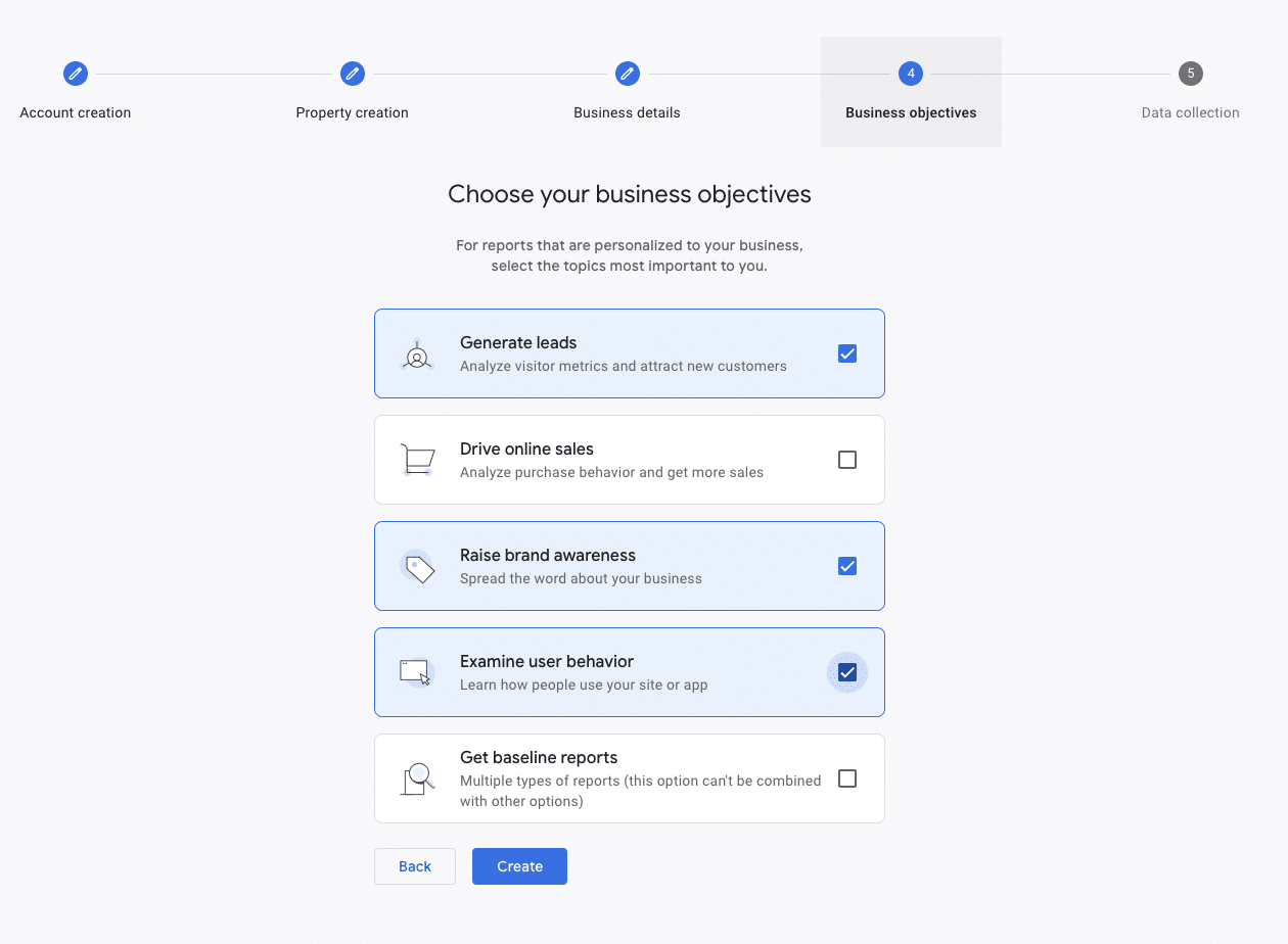 choose business objectives screen