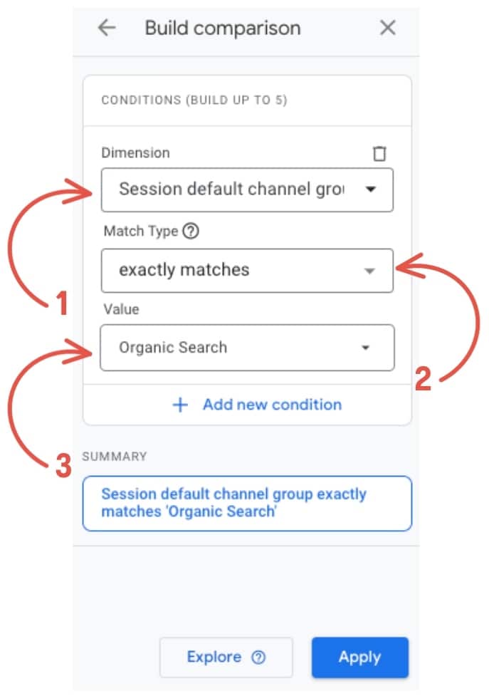 building organic comparison in GA4 for seo converion rate metrics