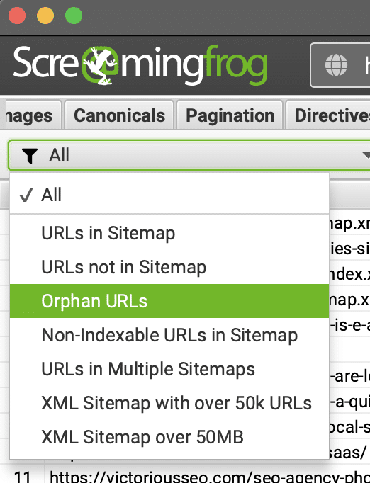 select orphan URLs filter